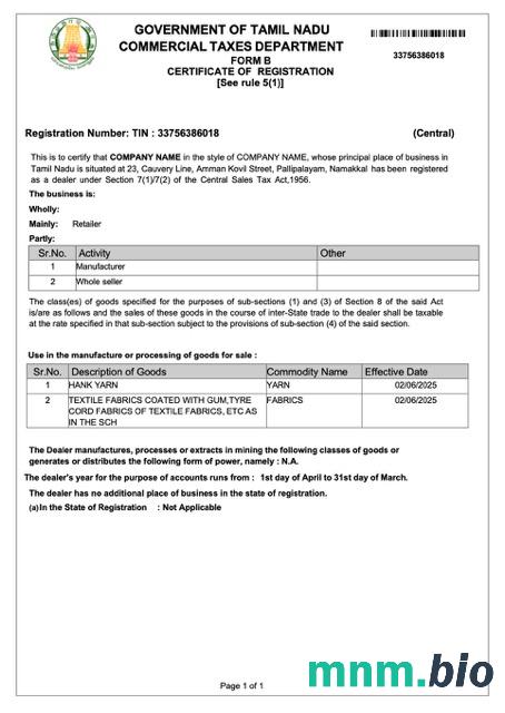Świadectwo rejestracji w Tamil Nadu w Indiach w formacie Word i PDF